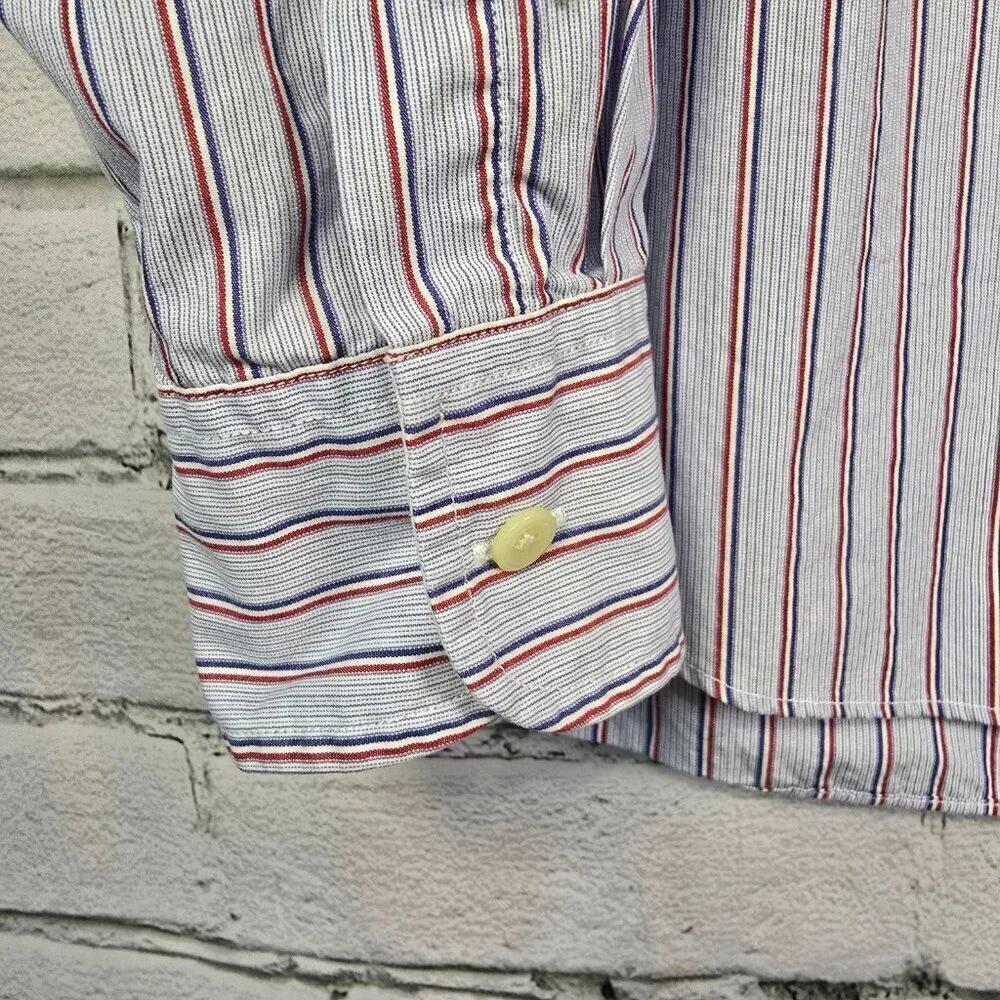 J. CREW MENS BUTTON DOWN LONG SLEEVE SHIRT BLUE STRIPED WHITE CUFF SIZE LARGE
